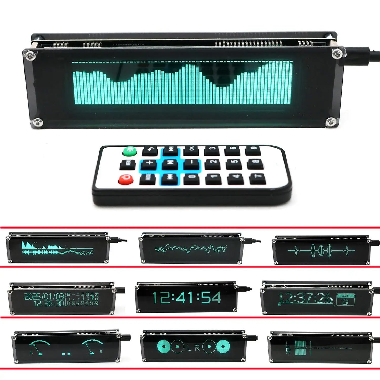 Black rectangular oled 4in1 vfd music display with teal waveform indicator vu meter and billboard car atmosphere features