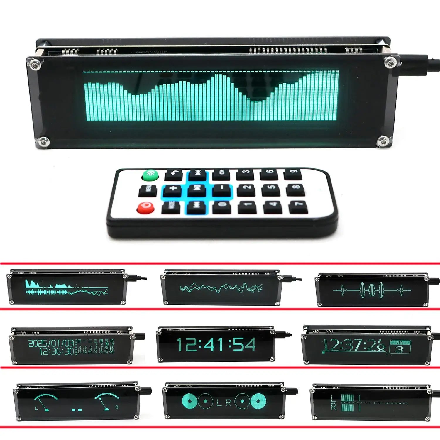 Black rectangular oled 4in1 vfd music display with teal waveform indicator vu meter and billboard car atmosphere features