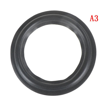 Black rubber universal speaker surround repair foam with concentric ridges and convex inside diameter for woofer edge repair