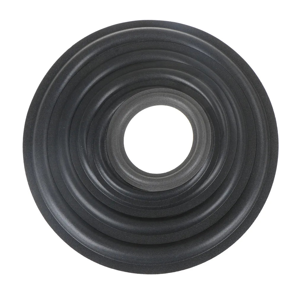 Black rubber gasket with concentric circular ridges featuring convex inside diameter for universal speaker surround repair foam