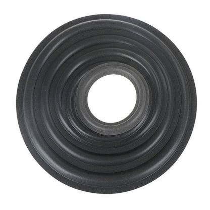 Black rubber gasket with concentric circular ridges featuring convex inside diameter for universal speaker surround repair foam