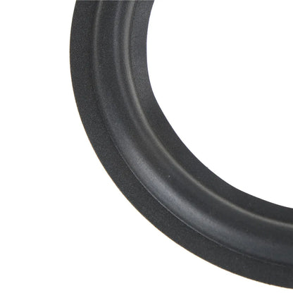 Black rubber universal speaker surround repair foam with smooth textured surface and concentric convex inside diameter ridges