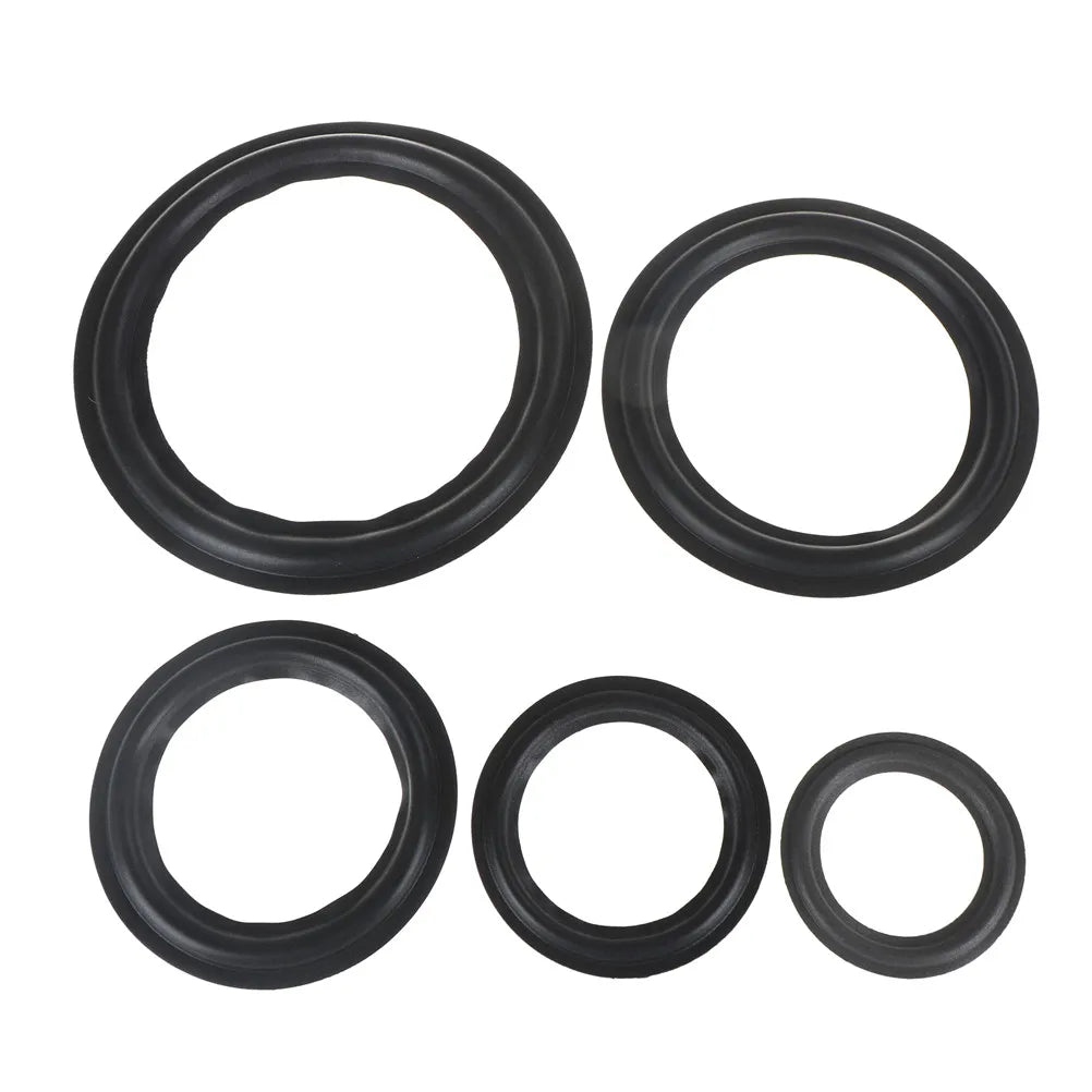 Set of four black rubber universal speaker surround repair foam gaskets with varying convex inside diameter sizes