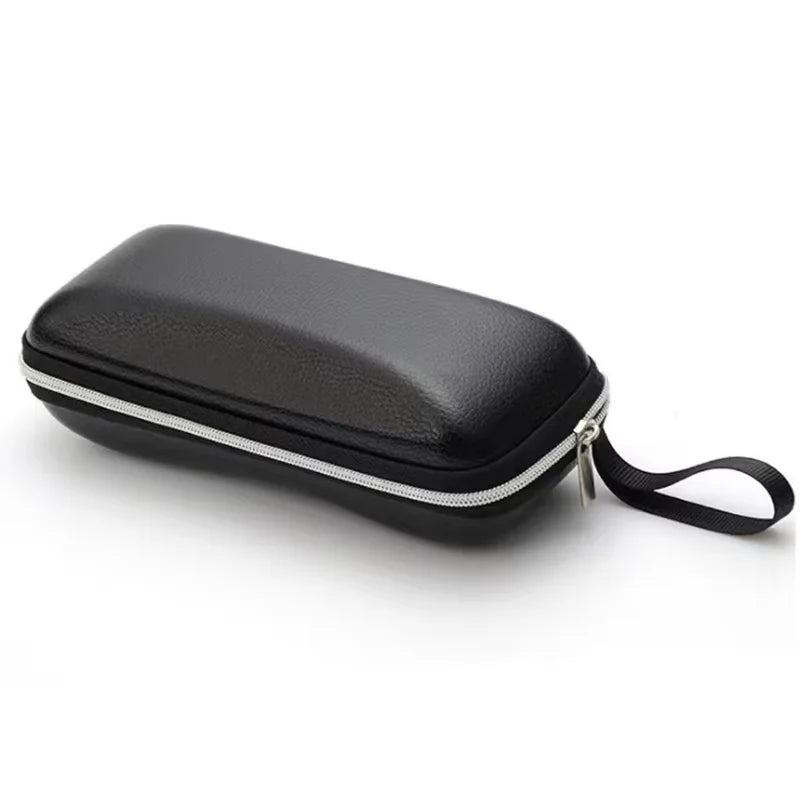 Black leather-like eyeglass case with silver zipper and fabric loop for smart glasses 800w pixel multifunctional camera