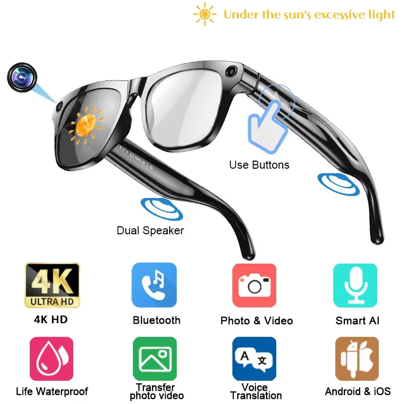 Black-framed smart glasses 800w with pixel multifunctional camera and dual speakers for player smart translation use