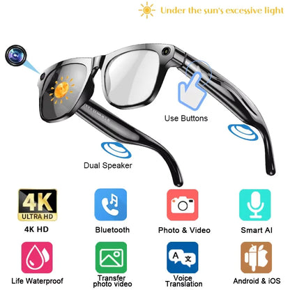 Black-framed smart glasses 800w with pixel multifunctional camera and dual speakers for player smart translation use