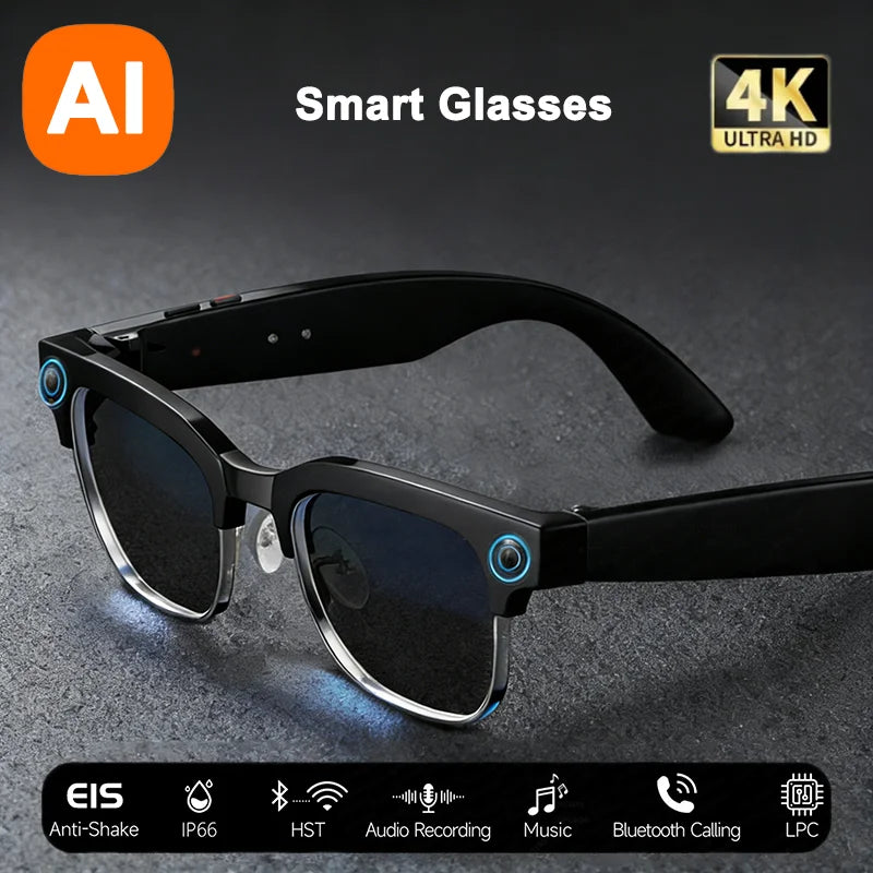 Black-framed smart glasses 800w with blue accent lights featuring pixel multifunctional camera and player smart translation functions
