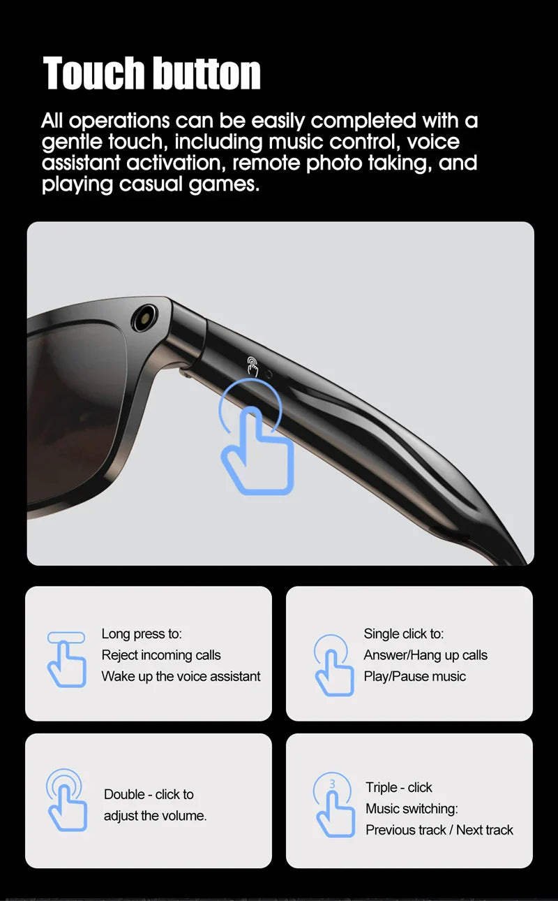 Black-framed smart glasses 800w with pixel multifunctional camera and touch button for player smart translation features
