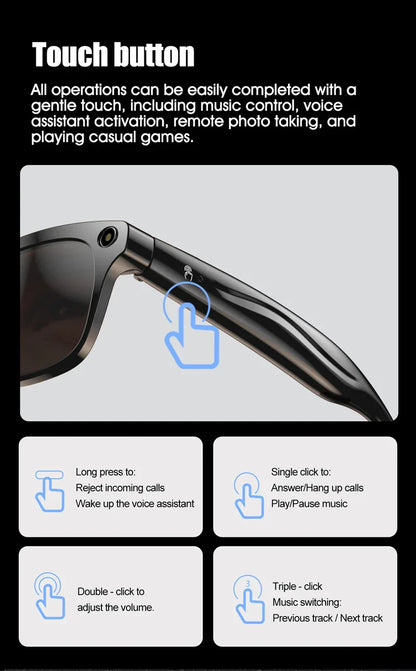 Black-framed smart glasses 800w with pixel multifunctional camera and touch button for player smart translation features