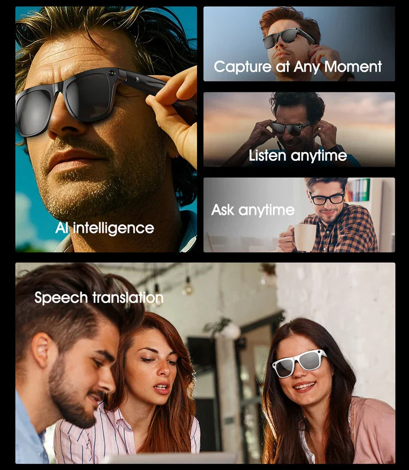 Black and white smart glasses 800w with pixel multifunctional camera and player smart translation features for Bluetooth calls