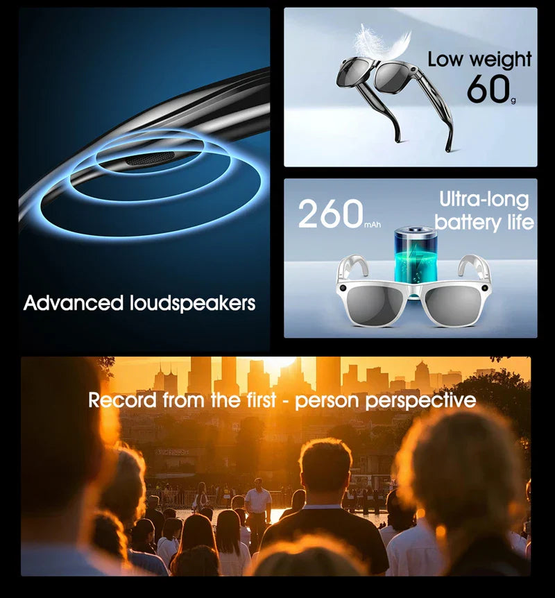 White-framed smart glasses 800w with silver lenses featuring pixel multifunctional camera and player smart translation functions