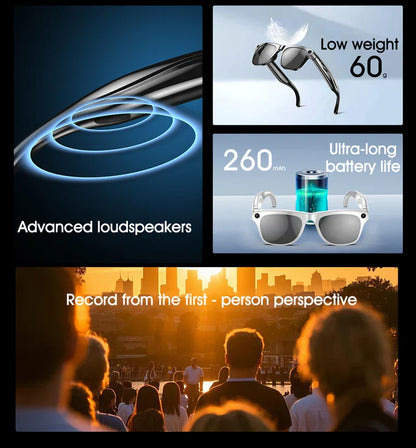 White-framed smart glasses 800w with silver lenses featuring pixel multifunctional camera and player smart translation functions
