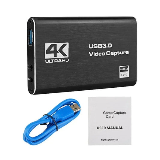 Black rectangular video capture card with brushed metal finish and silver branding for hdmi-compatible game recording live streaming