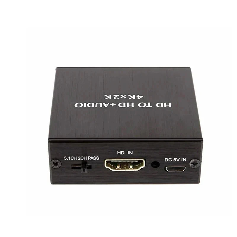 Black rectangular 4k x 2k video audio extractor hdtv with hdmi input dc power jack and 5.1ch audio pass-through port back view