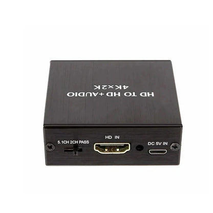 Black rectangular 4k x 2k video audio extractor hdtv with hdmi input dc power jack and 5.1ch audio pass-through port back view