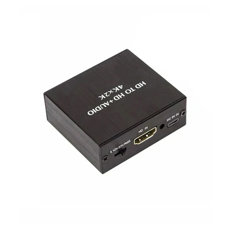 Black rectangular 4K x 2K video audio extractor hdtv with labeled HDMI, SPDIF optical, 3.5MM audio, and DC 5V input ports back side