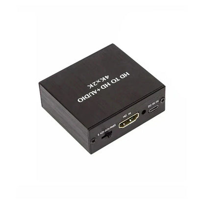 Black rectangular 4K x 2K video audio extractor hdtv with labeled HDMI, SPDIF optical, 3.5MM audio, and DC 5V input ports back side