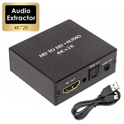 Black rectangular 4k video audio extractor hdtv to hdmi audio extractor with gold-plated ports and coiled usb cable