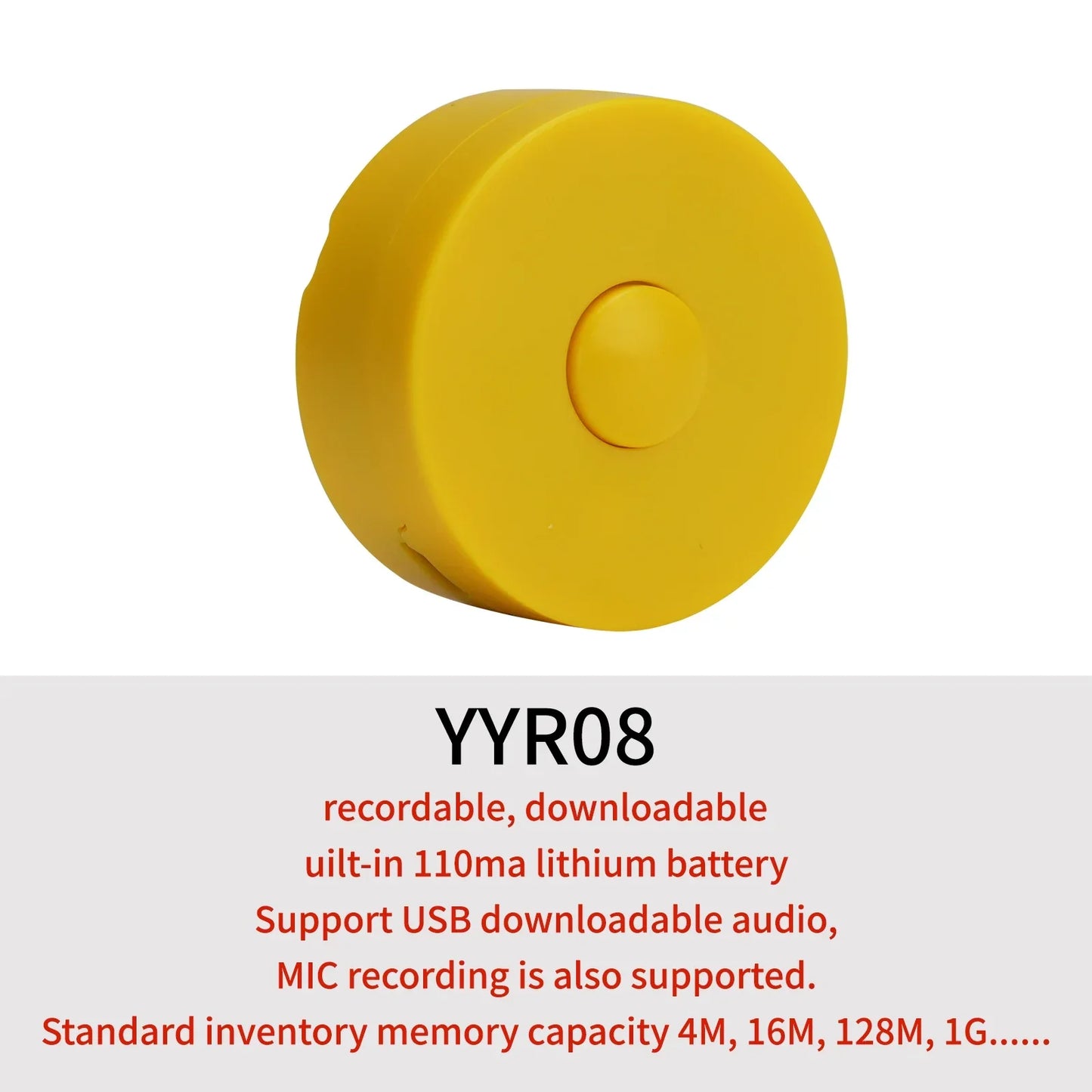Bright yellow compact cylindrical voice recording button with central button for birthday diy gift and recordable sound recorder