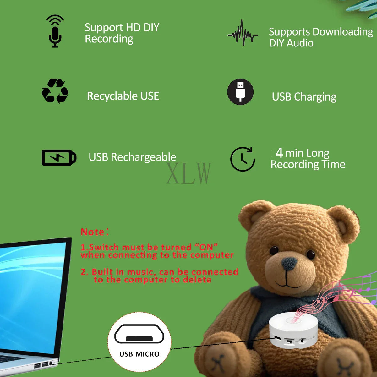 White cylindrical usb rechargeable voice recording button with ports on teddy bear for birthday diy gift use
