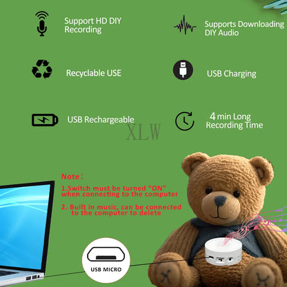 White cylindrical usb rechargeable voice recording button with ports on teddy bear for birthday diy gift use