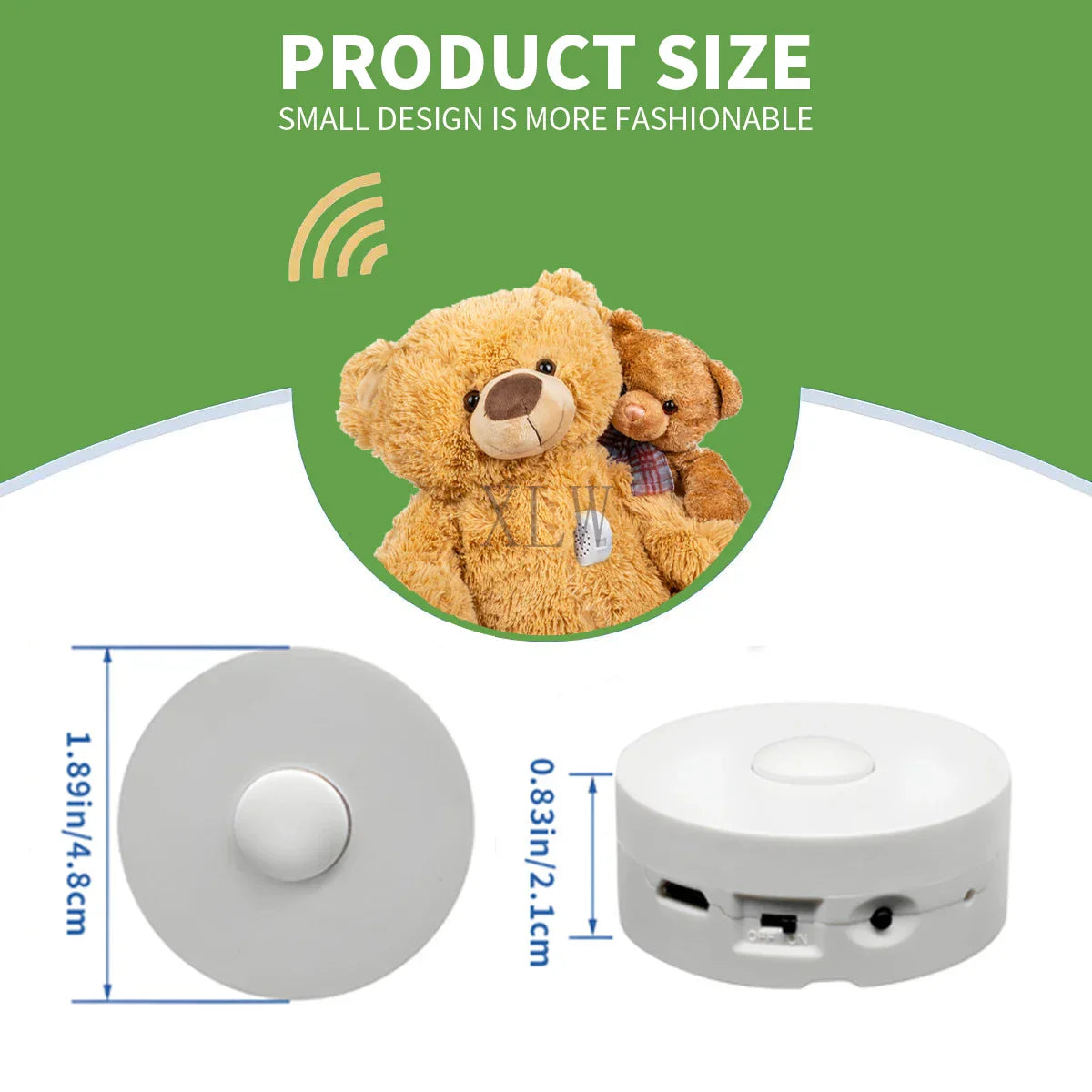 White circular voice recording button with central button and side ports for recordable sound recorder birthday diy gift