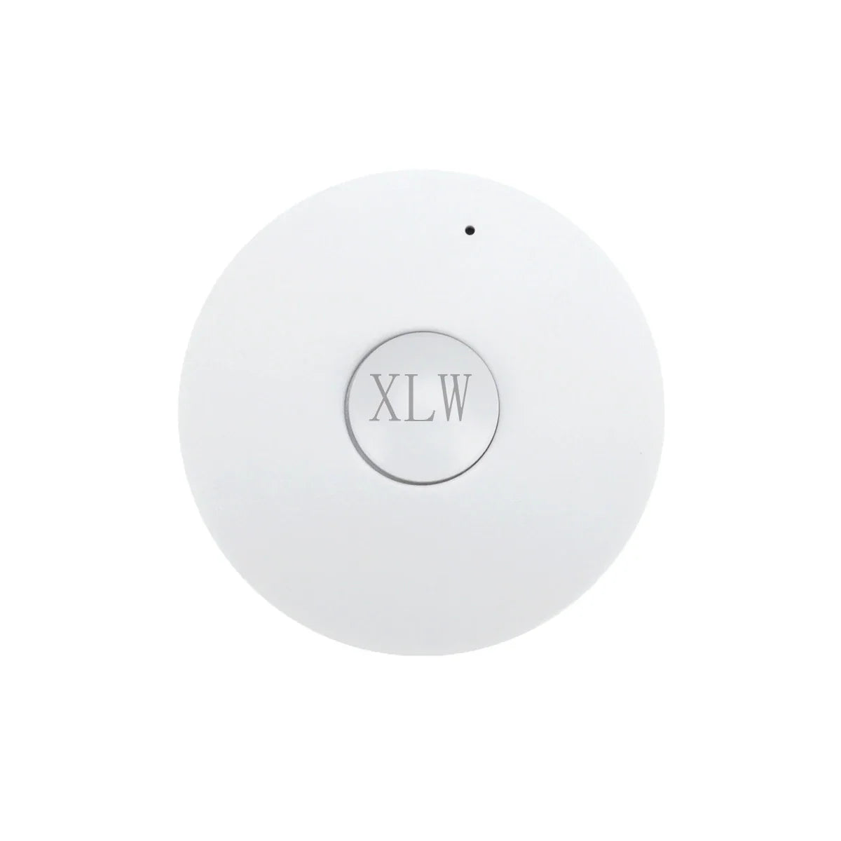 White circular wireless voice recording button with silver xlw logo and black indicator light for birthday diy gift use