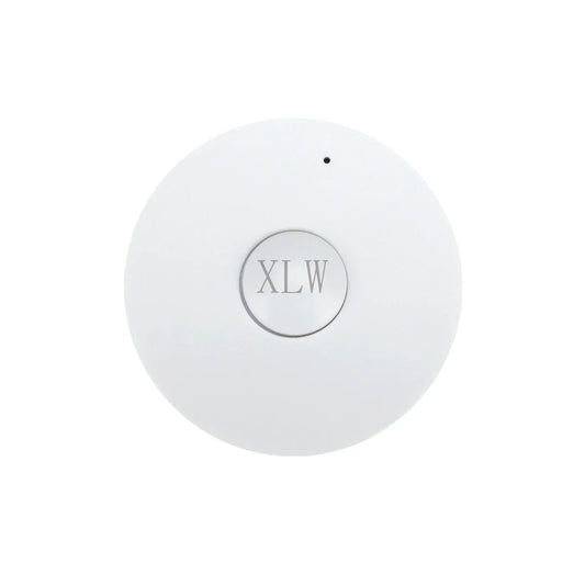 White circular wireless voice recording button with silver xlw logo and black indicator light for birthday diy gift use