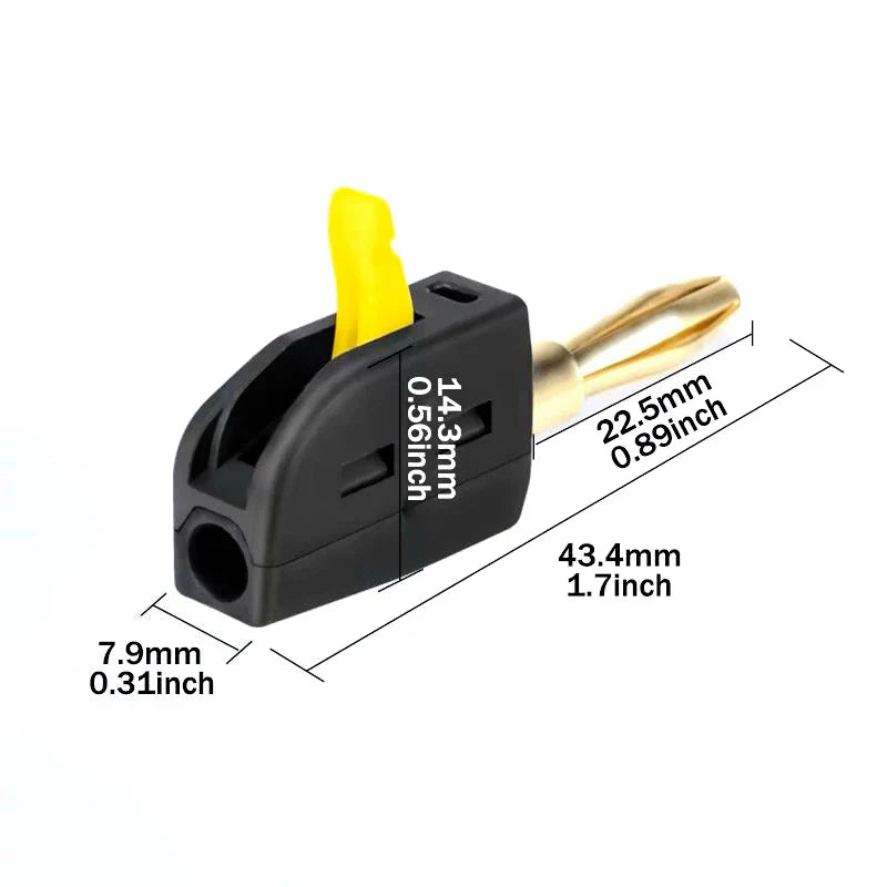 Black plastic solderless quick wire connector high current 32a banana plug with yellow toggle and gold drill bit inserted