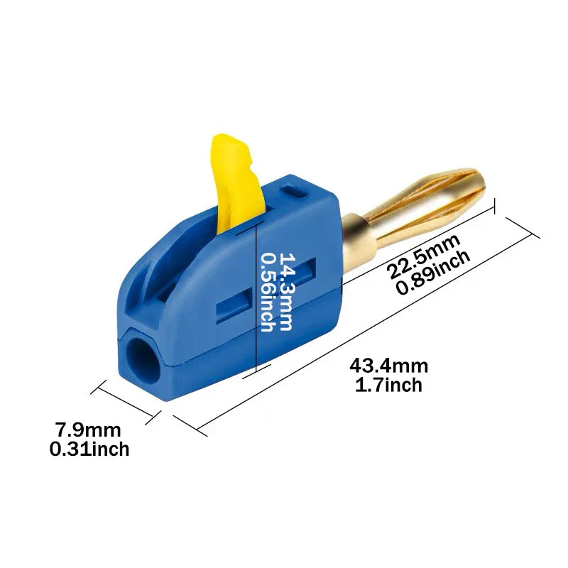 Blue plastic solderless quick wire connector high current 32a banana plug with yellow toggle and gold metal pin