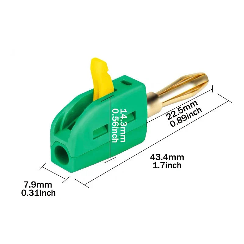 Green plastic solderless quick wire connector high current 32a banana plug with yellow toggle and gold-plated pin