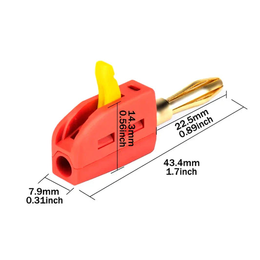 Red plastic 4mm solderless quick wire connector high current 32a banana plug with yellow toggle and gold metal tip