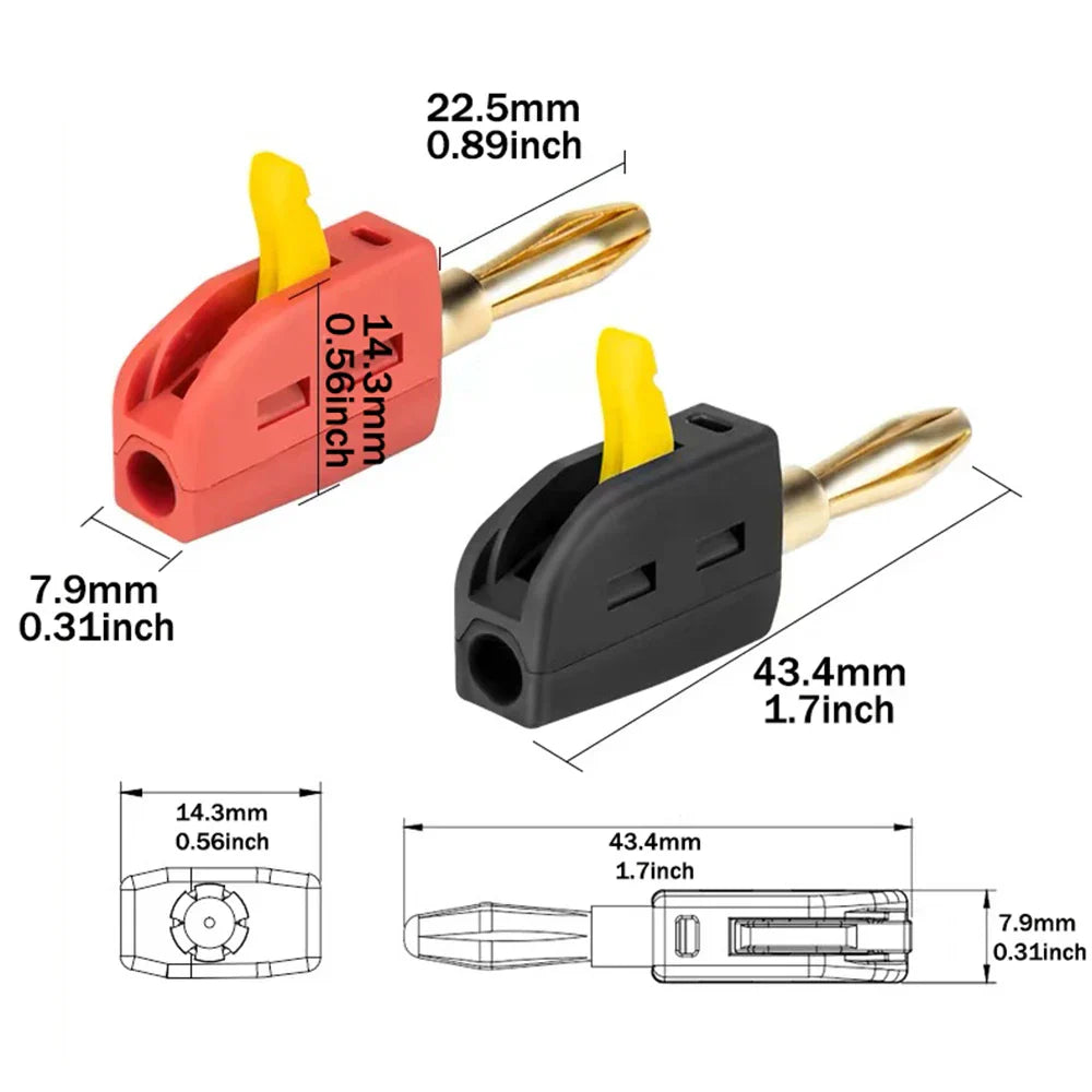 Red and black 32a banana plug solderless quick wire connectors with gold-tipped metal contacts for high current use
