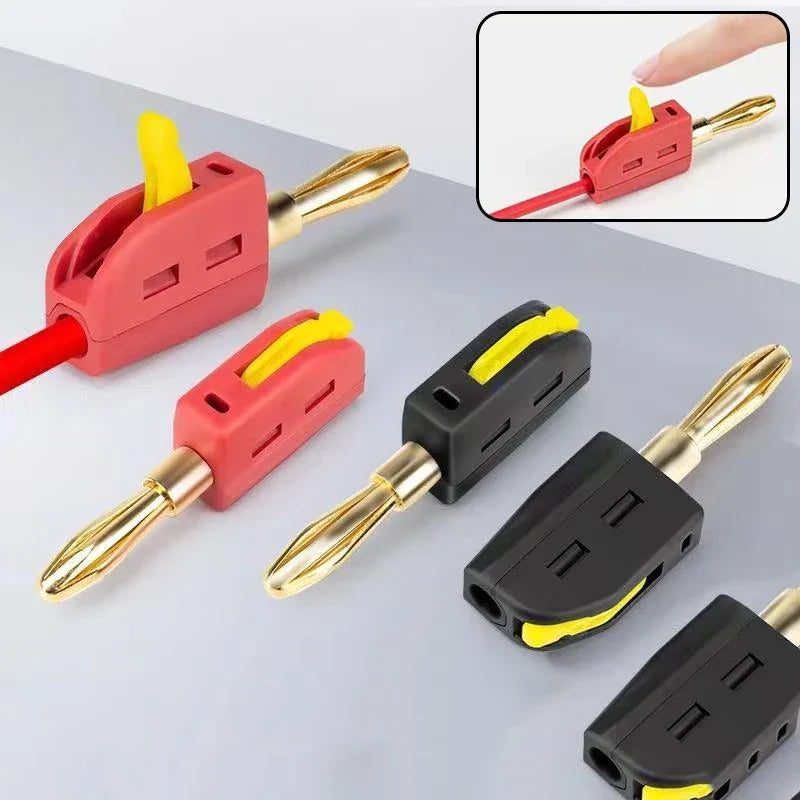 Red and black 4mm solderless quick wire connector high current 32a banana plug with gold metal tips and yellow levers