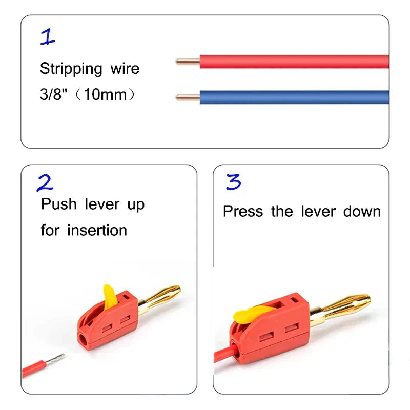 Red plastic solderless quick wire 32a banana plug connector with gold metal pin and yellow lever for high current use