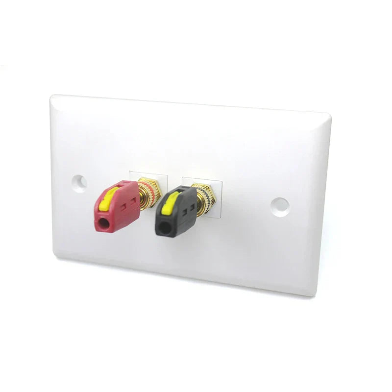 White wall plate with red and black rca connectors with yellow accents for 4mm solderless quick wire connector high current 32a banana plug
