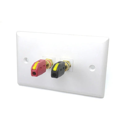 White wall plate with red and black rca connectors with yellow accents for 4mm solderless quick wire connector high current 32a banana plug