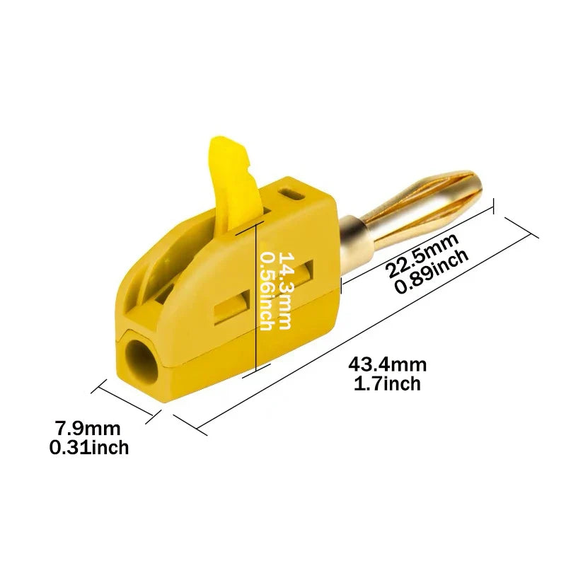 Yellow plastic 32a banana plug with brass tip and lever solderless quick wire connector high current terminal block