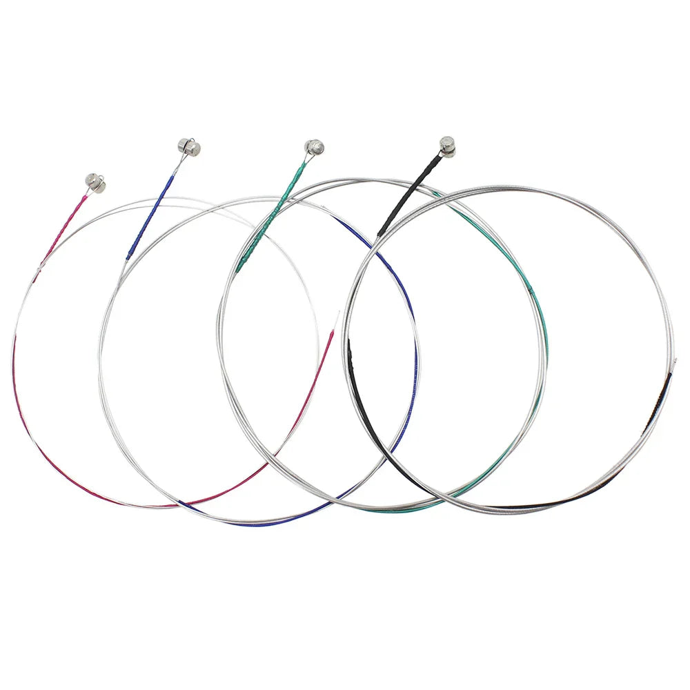Four colorful violin strings with steel core nickel silver wound ends in red blue green black and silver loops