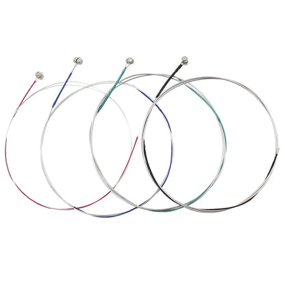 Four colorful violin strings with steel core nickel silver wound ends in red blue green black and silver loops