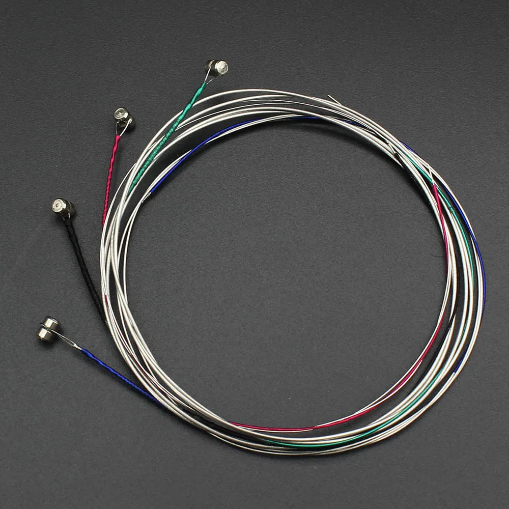 Set of five violin strings with steel core nickel and nickel silver wound coatings in red green blue and silver colors