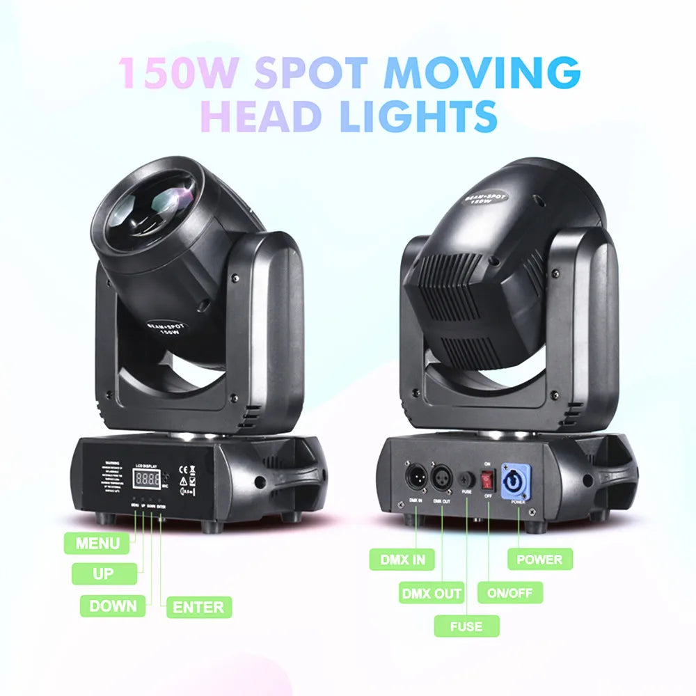Black moving head 150w spot lights with angular design and visible control ports for disco lights stage rotating prisms dmx
