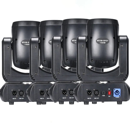 Four black mini led moving head 150w disco lights with dmx input output rotating prisms for stage effect lighting