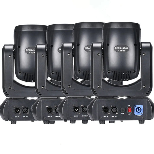 Four black mini led moving head 150w disco lights with dmx input output rotating prisms for stage effect lighting