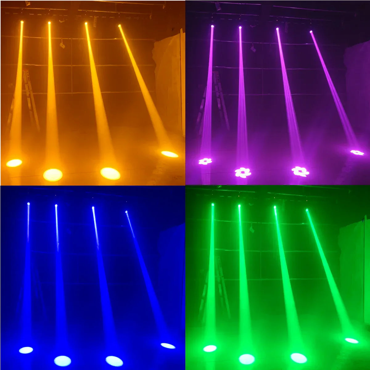 A set of four mini led moving head 150w disco lights stage with rotating prisms dmx emitting yellow purple blue and green light