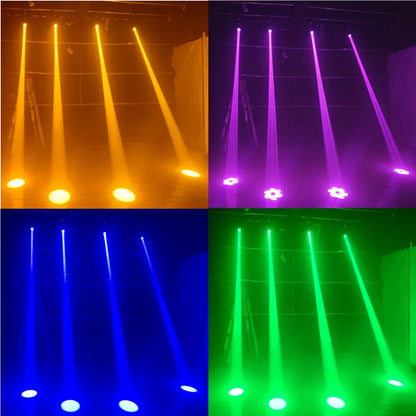 A set of four mini led moving head 150w disco lights stage with rotating prisms dmx emitting yellow purple blue and green light