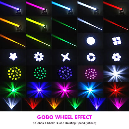 A sleek black moving head 150w led stage light with rotating prisms dmx projecting colorful disco lights stage effects