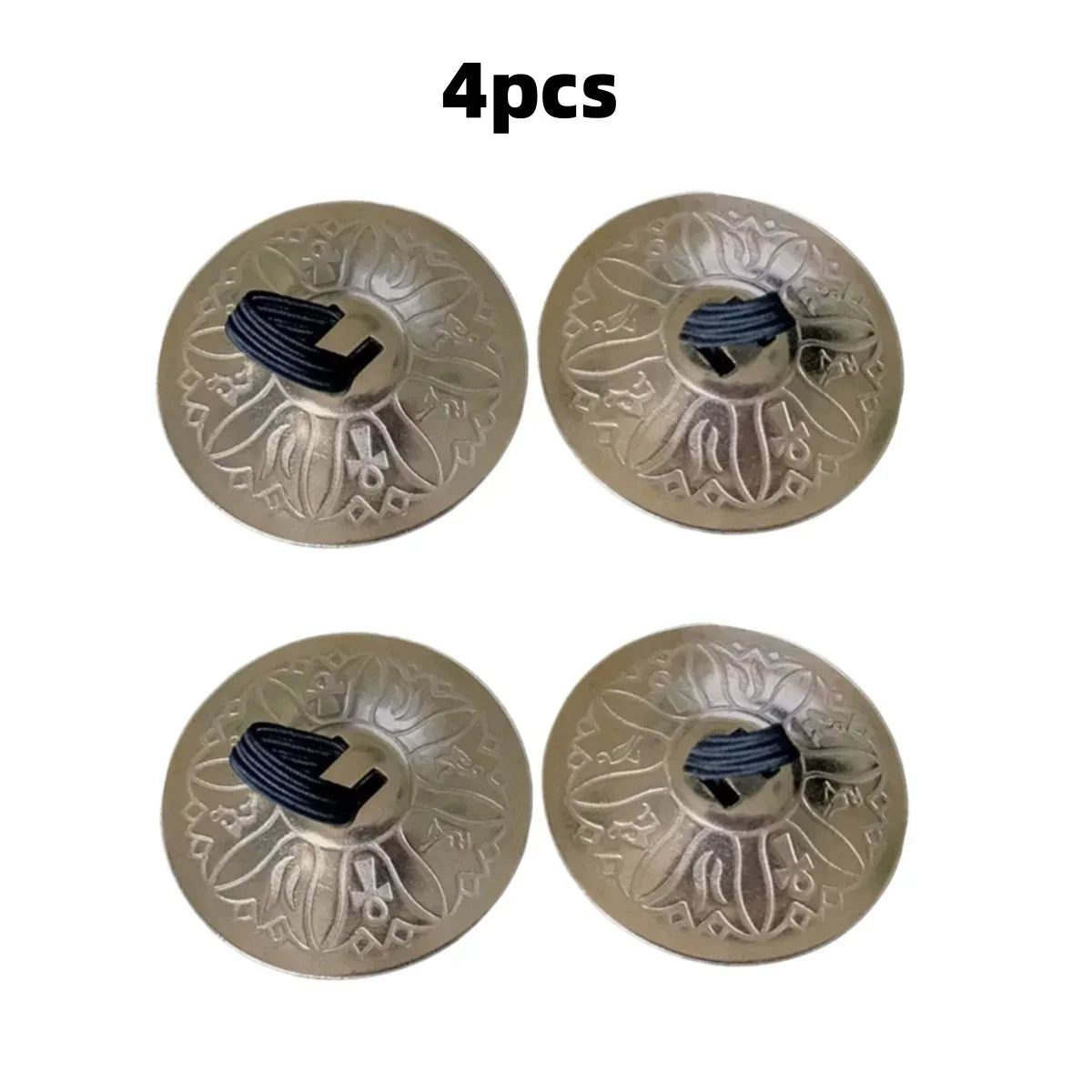 Set of four copper finger cymbals belly with intricate floral engravings and black elastic bands for dance hand cymbals use