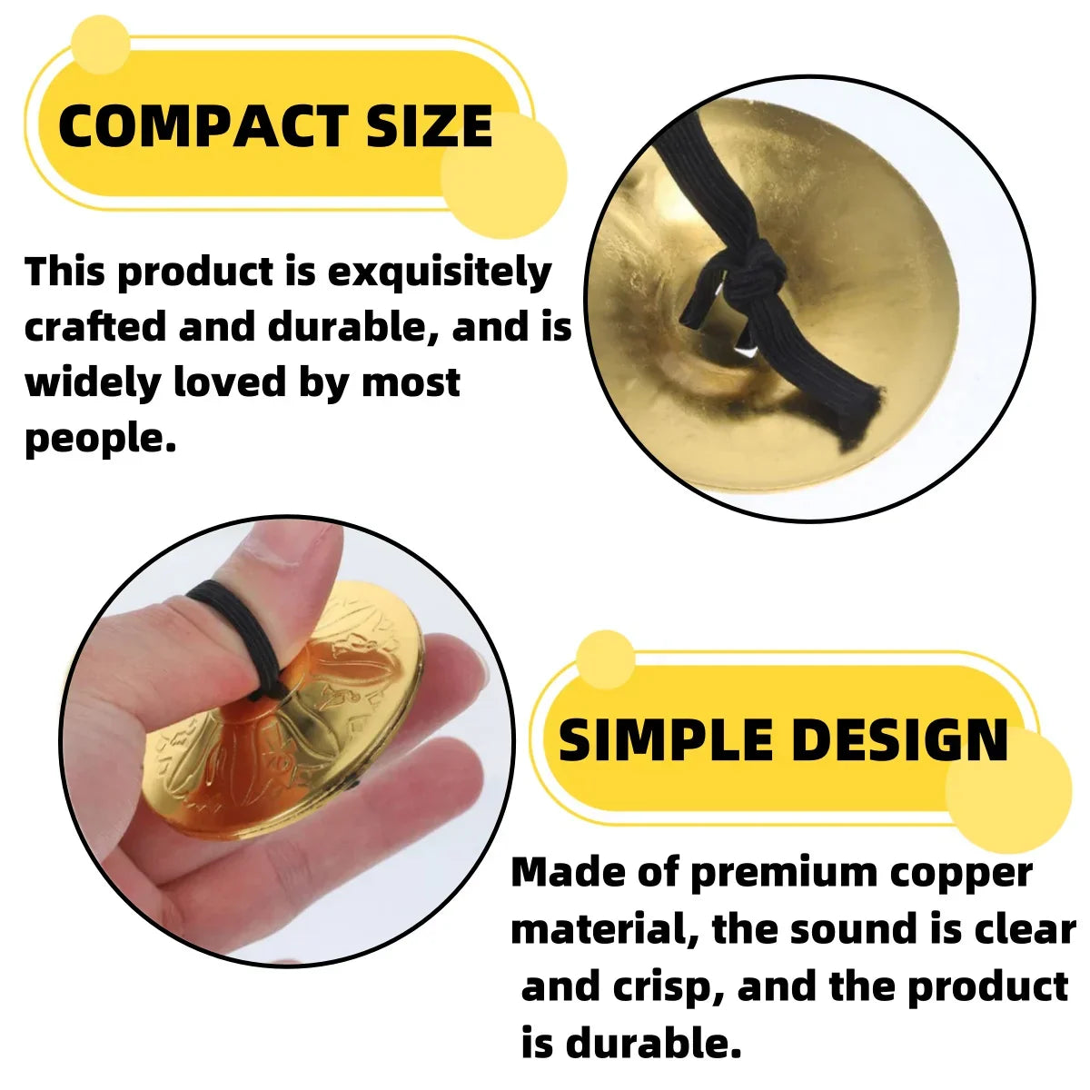 Gold-colored compact copper finger cymbals belly with black strap for dance hand cymbals performances and music