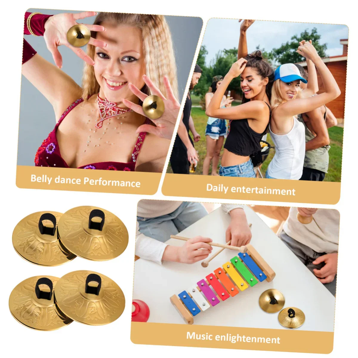 Gold-colored copper finger cymbals with black handles and engraved patterns for finger cymbals belly dance performances